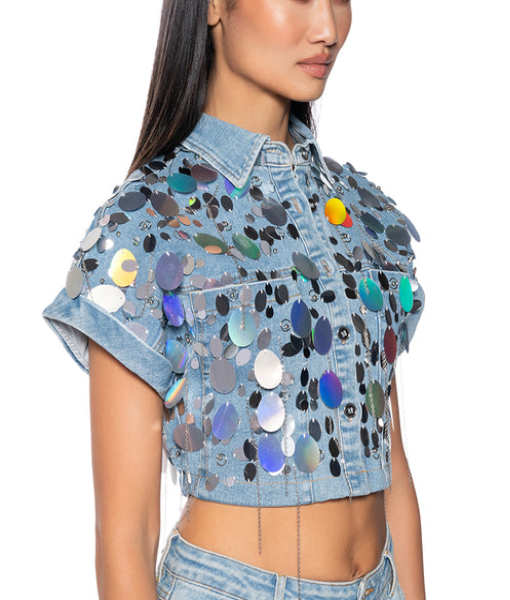Zaria Imani Primer The Chi S08 Lynae Sequin Crop Denim Jacket 2